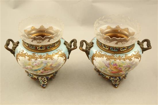 A pair of Sevres style porcelain champleve enamel and gilt brass mounted vases, c.1900, 14cm x 17cm